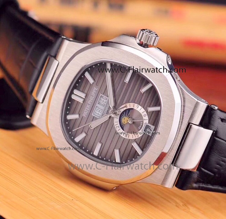 Patek Philippe Nautilus Annual Calendar Watch Gray Dial Leather